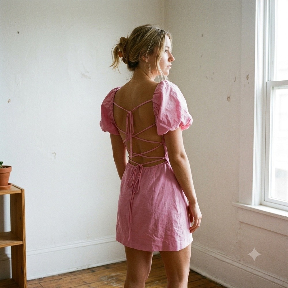 Zara Womens‎ Dress Medium Pink Puff Sleeve Lace Up Back Cottagecore Coquette